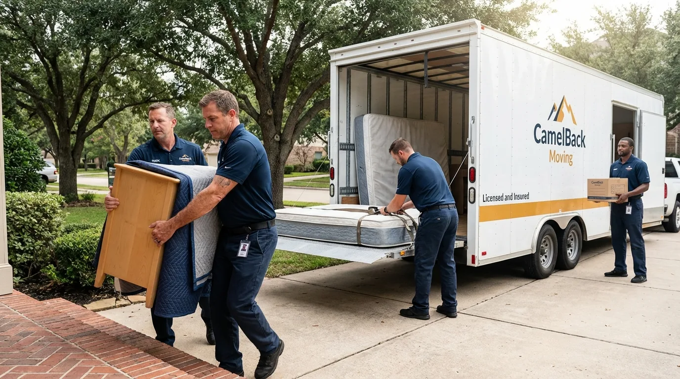 Crew loading residential truck for cross-state move from Monroeville, AL