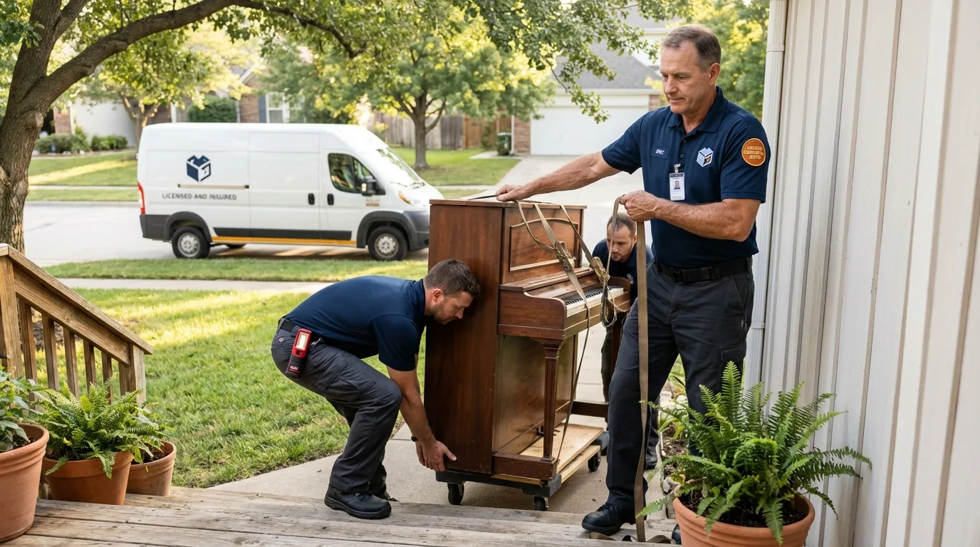 Licensed piano movers securing grand piano in Monroeville, AL