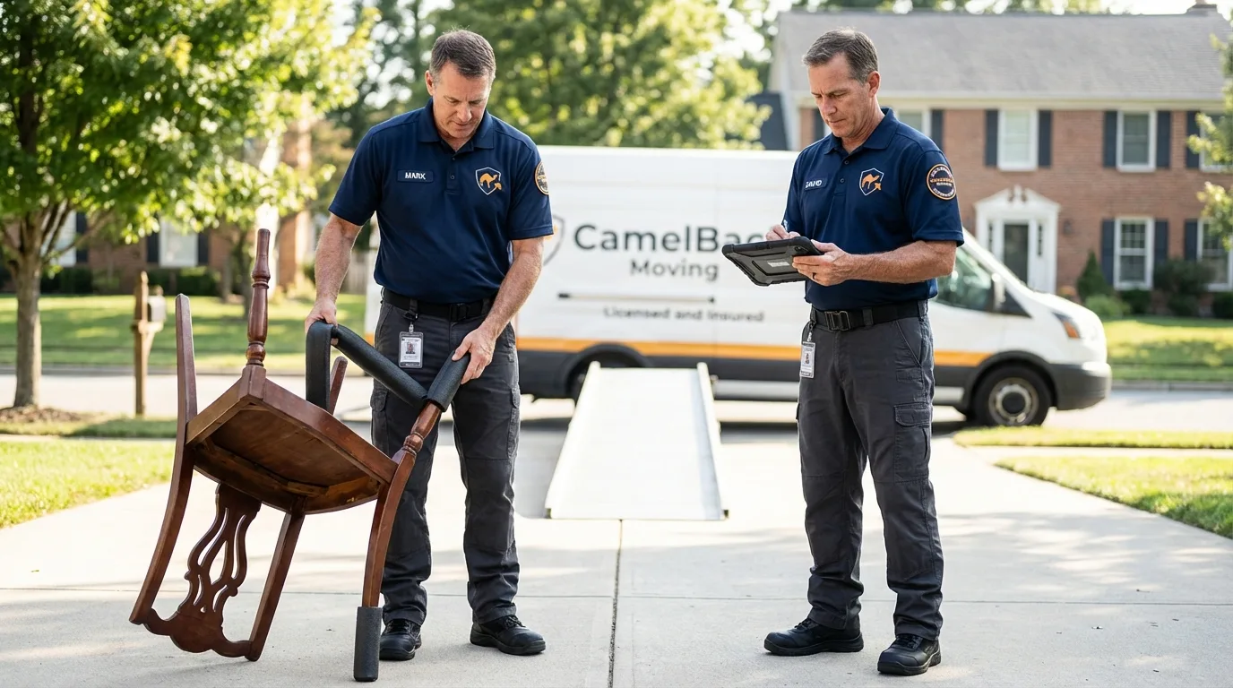 Movers inspecting furniture for damage prevention before loading in Monroeville, AL